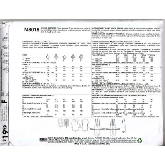 McCalls M8018 Misses Trapper Costume Cosplay Uncut Pattern Size S to L - Picture 2 of 2